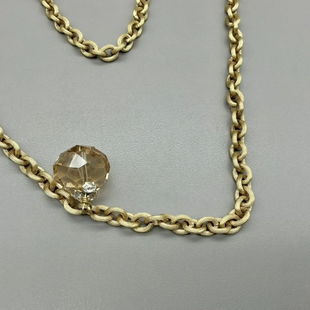 Necklace Womens Gold Tone Crystal Station Textured Link Chain Jewelry 30 Inches